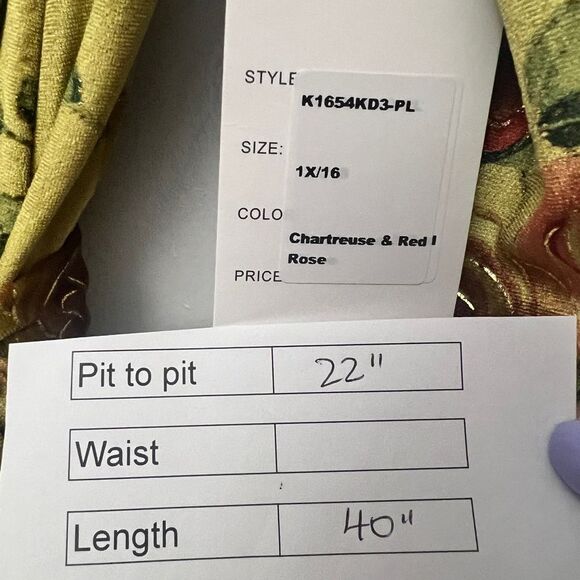 Unique Vintage Chartreuse Red Rose Velvet Wrap Dress - Picture 9 of 12